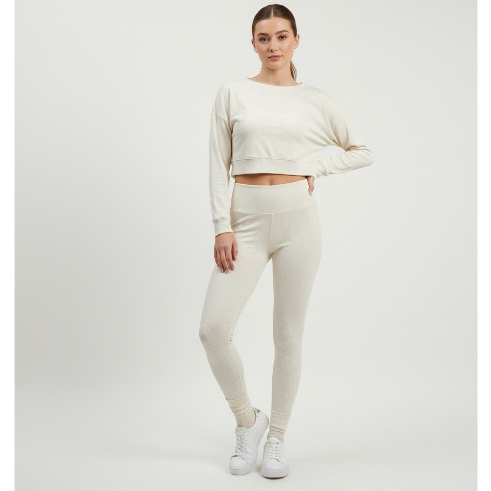 GUESS Abalien Seamless Rib Leggings M Women White Logo Waistband Stretch Skinny